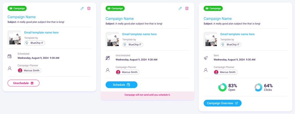 Campaign cards: scheduled, unscheduled, sent