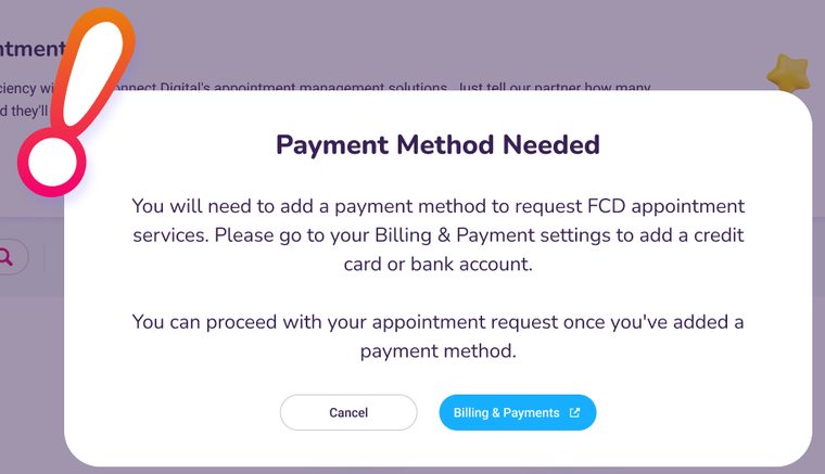 Payment method needed modal with a dev note