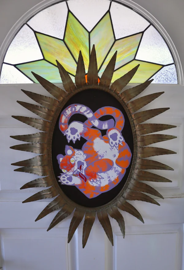 Tiger 1: acrylic on wood in a sunburst frame